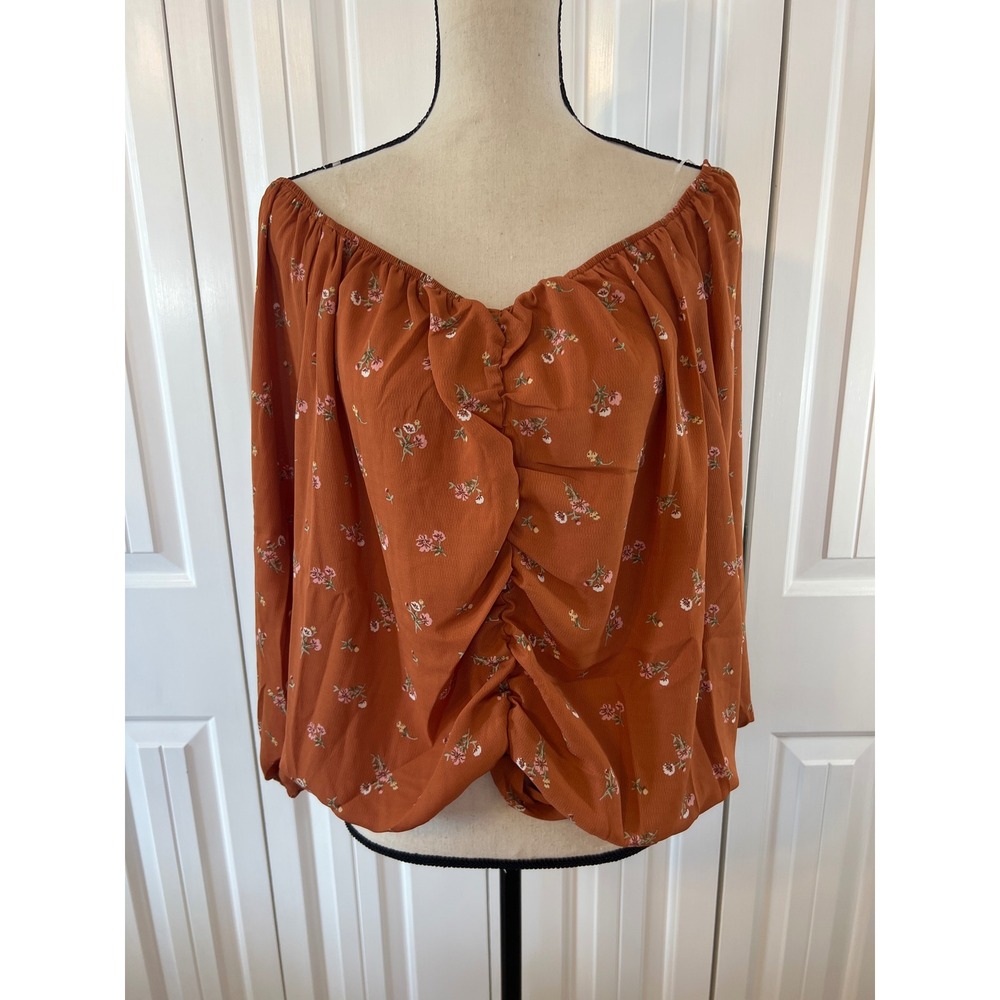Zenobia Rust Floral Off Shoulder Ruched Bubble Hem Blouse 3XL ZB11727F
